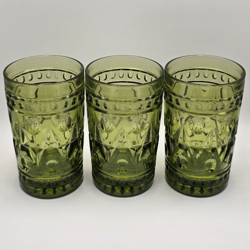 (5) Vintage Colony Park Lane Emerald Green Rivet Texture Glass Cups 70s 2.25"x4"
